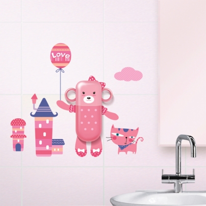 DIY Vinyl wall decals with family toothbrush holder and toothpaste holder, Pink Bear